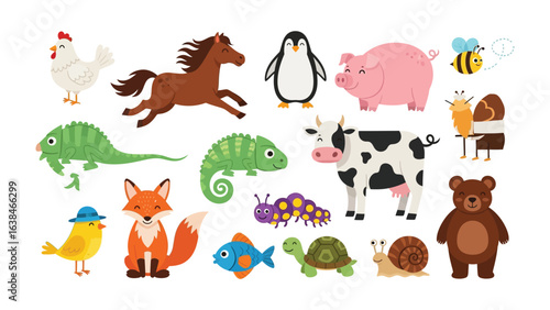 Animal Kingdom Collection: A charming and vibrant illustration featuring an assortment of diverse animals. Depicted with bright colors, offering a captivating visual narrative.