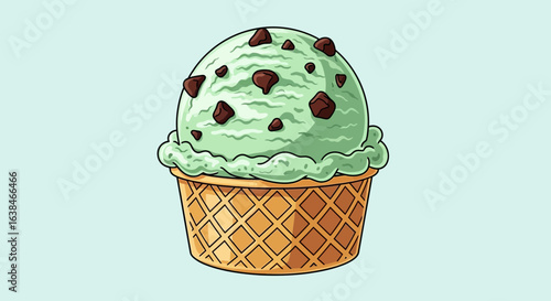 Vibrant Mint Chocolate Chip Ice Cream Cone Illustration on a Light Background