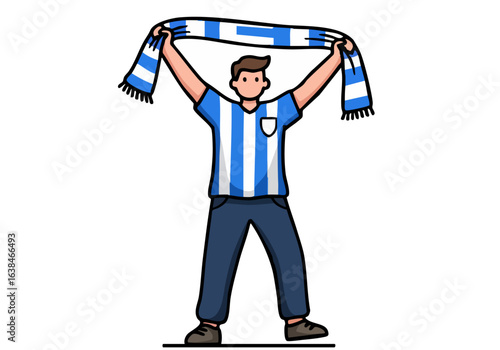 A joyful man celebrates Uruguay with a scarf, showcasing vibrant colors and enthusiastic cheer. Perfect for sports, national pride, and celebration themes.