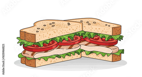 Delicious-looking vector illustration of two chicken sandwiches with fresh ingredients