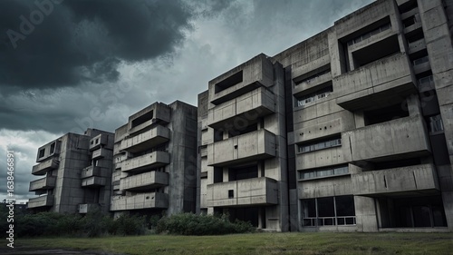 Futuristic brutalist building with concrete blocks, dark cloudy sky, desaturated urban atmosphere, sharp angles