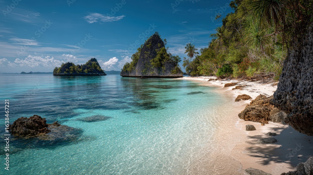 Obraz premium Idyllic tropical beach, clear water, limestone islands, sunny day, travel poster