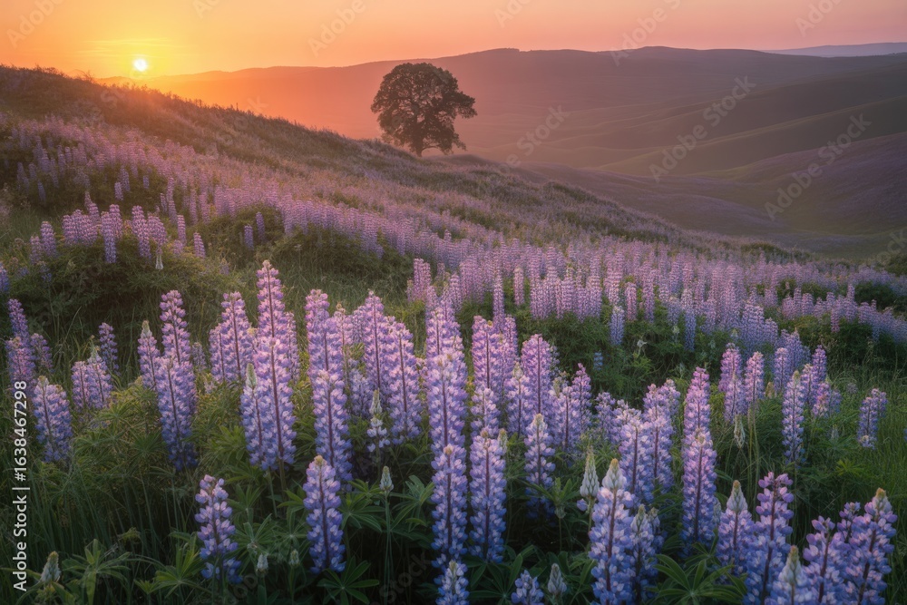 Obraz premium Lupine field bathed in golden sunset light