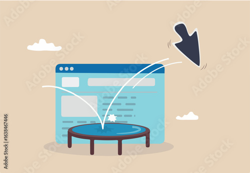 Website bounce rate, visitor click to see website and leave or exit, marketing or advertising analytics for SEO optimization concept, mouse pointer fall and bounce on trampoline on website page.