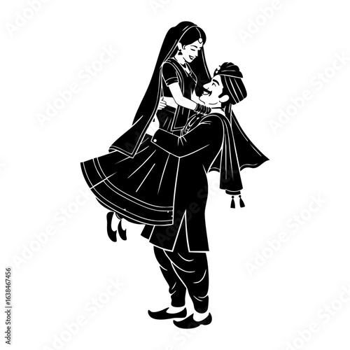 Minimal Hindu Wedding Groom Lifting Bride Romantic Vector Illustration