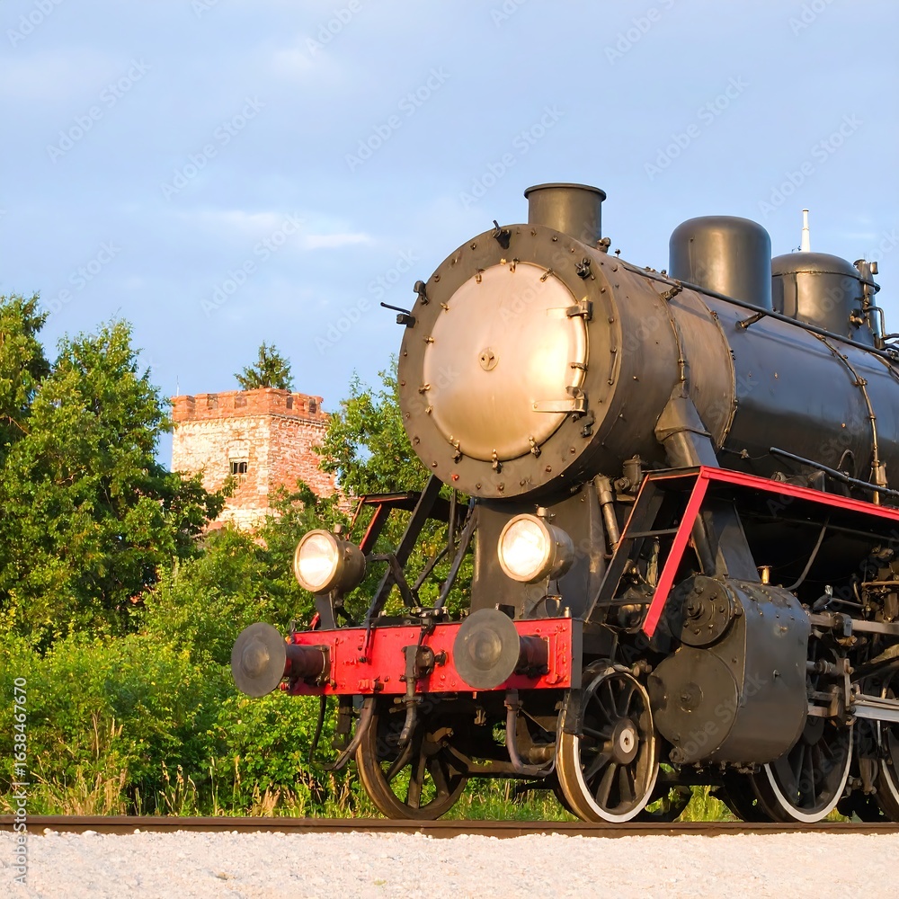 Fototapeta premium Steam Train Journey Through Picturesque Countryside With Distant Castle View