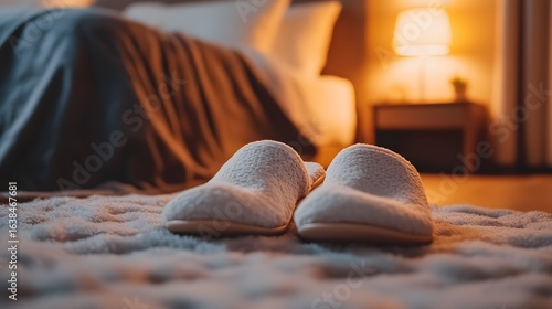 Cozy bedroom slippers on rug near bed with lamp for comfort and relaxation home interior decor ideas
