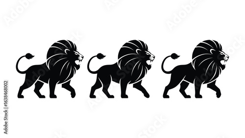 Majestic Lions in a Row: Three regal lions, represented with striking black silhouette, walking with pride and confidence, perfect for symbolic representation.