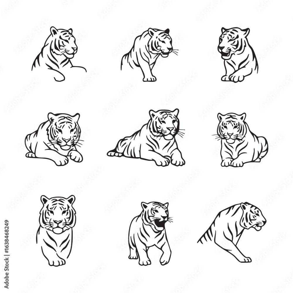 Obraz premium Collection of tiger poses silhouette isolated on white background