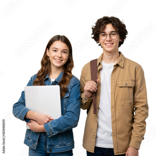 Portrait of two happy teenage students with a laptop and backpack standing together on a white background.