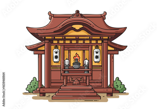 stylized n ancestral shrine with a traditional Japanese design Warm tones and a serene composition evoke peace and spirituality Ideal for backgrounds and decorative elements