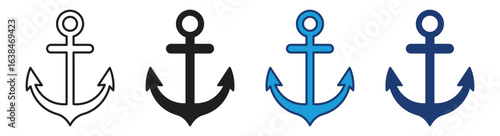 Anchor icon vector set use for web. Ship sailing anchor line and flat icon collections. Nautical anchors logo design. Vector illustration.