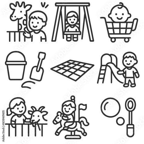 Toddler Outing Icons. Outline style icons of toddler outings: visit to zoo, park swing, grocery cart seat, beach pail, picnic