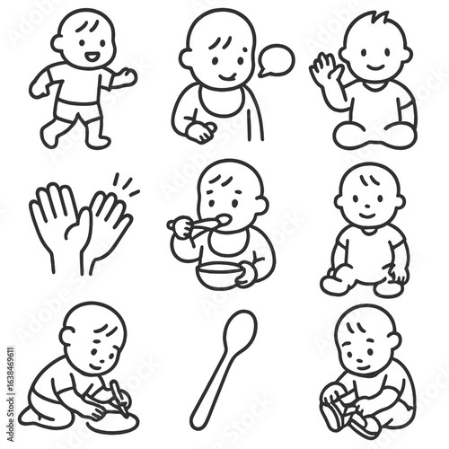 Toddler Milestone Icons. Outline style icons of toddler milestones: first step, first word, waving hand, clapping, feeding self,