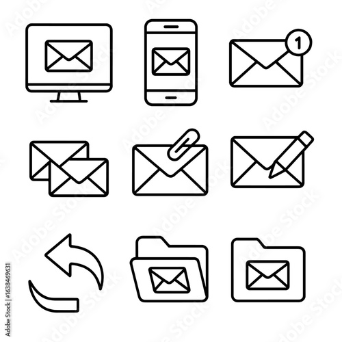 Email Icon Set. Outline style icons of Email Communication: desktop email client, email on smartphone, new email notification,