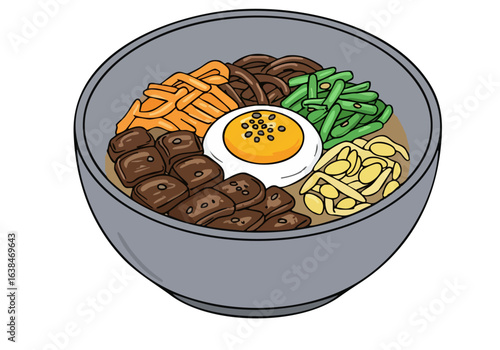 A vibrant bowl of bibimbap, featuring rice, vegetables, egg, and meat, presented in a gray bowl. A delicious Korean feast delight! Perfect for food illustrations.