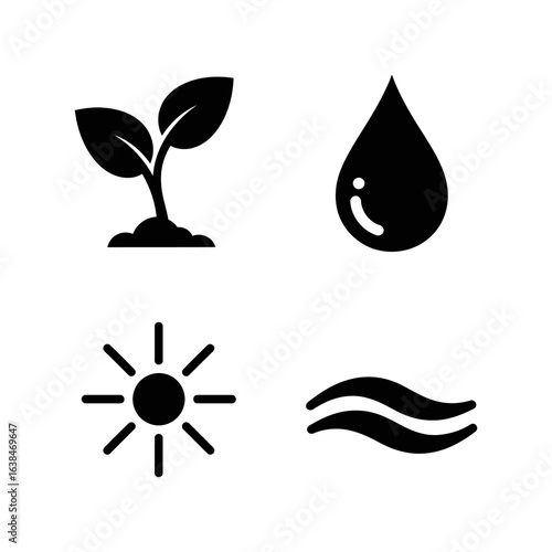 Four icons depicting plant growth elements: sprout, water drop, sun, and wave, black on white background