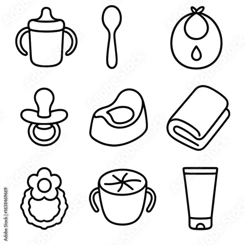 Toddler Essentials Icons. Outline style icons of Toddler Essentials: sippy cup, baby spoon, bib with drool, pacifier, training