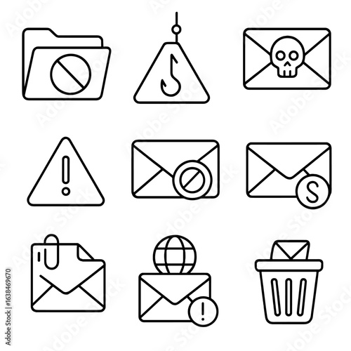 Cybersecurity Icon Set. Outline style icons of Spam and Phishing: spam folder, phishing alert sign, scam email, warning triangle