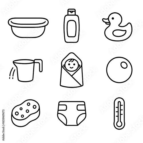 Toddler Bath Icons. Outline style icons of Toddler Bath Time: toddler tub, shampoo bottle, bath toy duck, rinsing cup, hooded