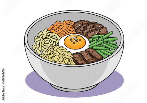 vibrant bowl of Korean bibimbap showcasing colorful rice vegetables meat and a fried egg  A delicious and visually appealing food illustration perfect for culinary or lifestyle content