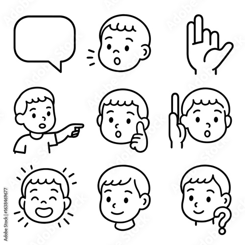 Toddler Communication Icons. Outline style icons of Toddler Communication: talking bubble, babbling face, sign language hand,