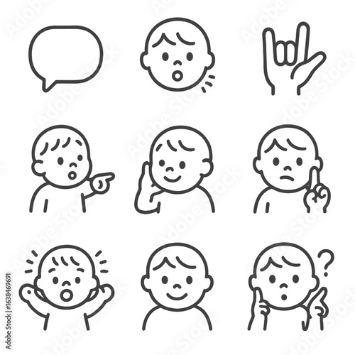 Toddler Communication Icons. Outline style icons of Toddler Communication: talking bubble, babbling face, sign language hand,