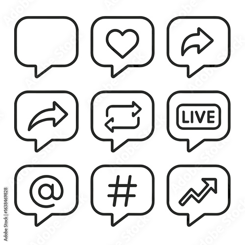 Social Media Bubbles. Outline style icons of Social Engagement Bubbles: like bubble, heart reaction bubble, bubble with reply