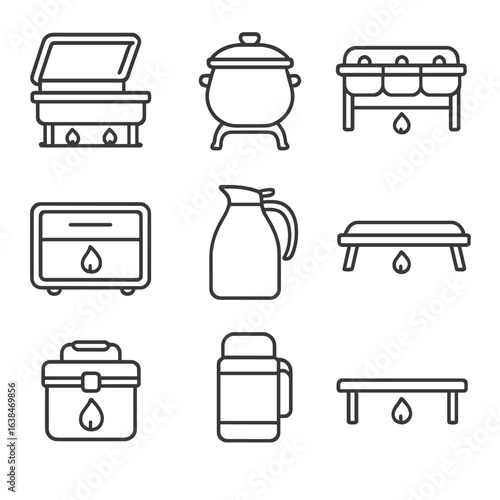 Heat Appliance Icons. Outline style icons of Heat Preservation Appliances: food warmer, soup kettle, buffet server, heating drawer
