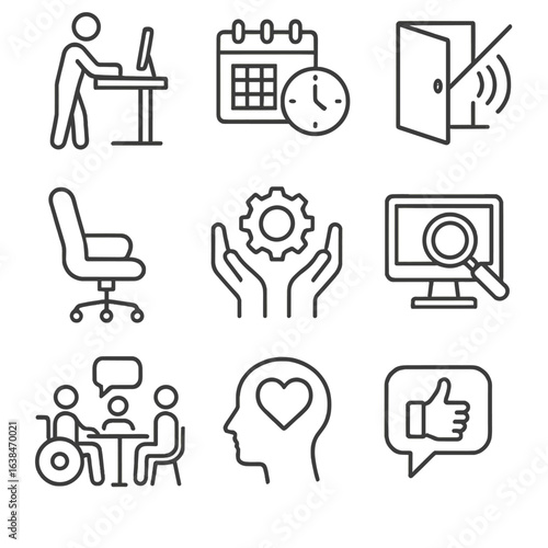 Workplace Accessibility Icons. Outline style icons of Workplace Accessibility: standing desk, flexible schedule icon, quiet