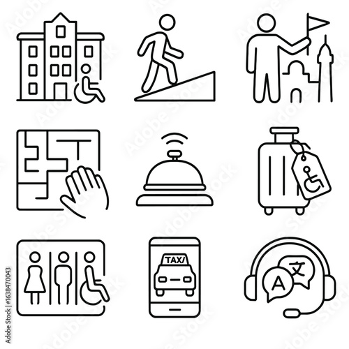Travel Accessibility Icons. Outline style icons of Travel and Accessibility: accessible hotel icon, travel ramp icon, guided city