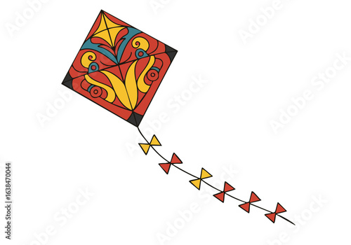 vibrant traditional Indonesian kite soars against a pale yellow background Bold colors and intricate patterns showcase a beautiful cultural design perfect for decorative use