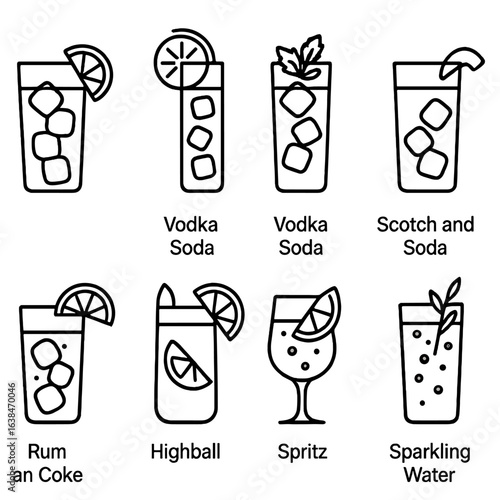 Outline Cocktail Icons. Outline style icons of Highball and Collins: gin and tonic glass with lime wedge, Tom Collins glass with