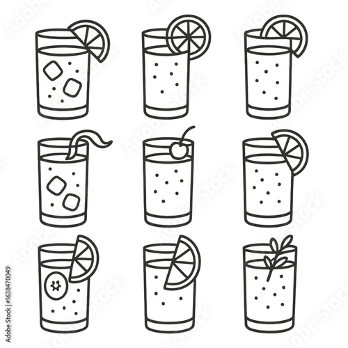 Outline Cocktail Icons. Outline style icons of Highball and Collins: gin and tonic glass with lime wedge, Tom Collins glass with