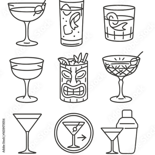 Retro Cocktail Icons. Outline style icons of Retro and Vintage Cocktails: coupe with olive, Tom Collins vintage glass, old