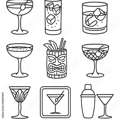 Retro Cocktail Icons. Outline style icons of Retro and Vintage Cocktails: coupe with olive, Tom Collins vintage glass, old