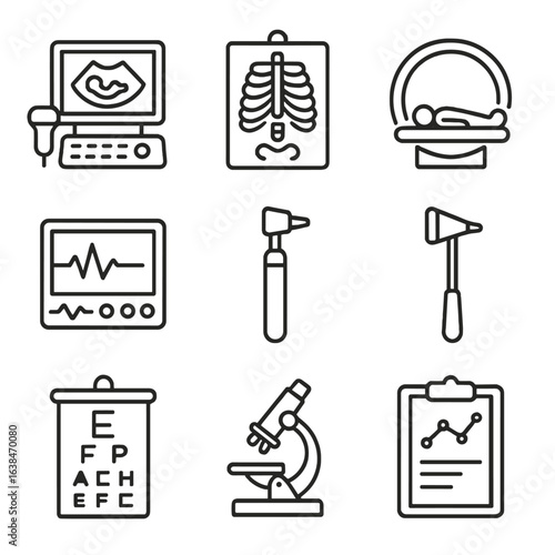 Diagnostic Equipment Icons. Outline style icons of Diagnostic Equipment: ultrasound machine, X-ray image board, CT scan icon, ECG