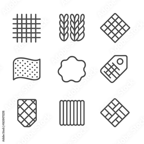 Fabric Structure Icons. Outline style icons of Fabric Structure Indicators: woven pattern icon, knitted fabric texture, mesh
