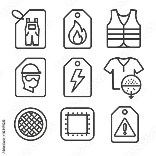 Industrial Labels Icons. Outline style icons of Industrial Fabric Labels: workwear tag, flame-resistant label, high-visibility
