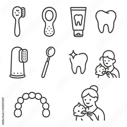 Baby Tooth Care Icons. Outline style icons of Baby and Toddler Tooth Care: baby toothbrush icon, gum massager, toddler tooth gel,