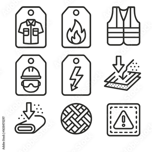 Industrial Labels Icons. Outline style icons of Industrial Fabric Labels: workwear tag, flame-resistant label, high-visibility
