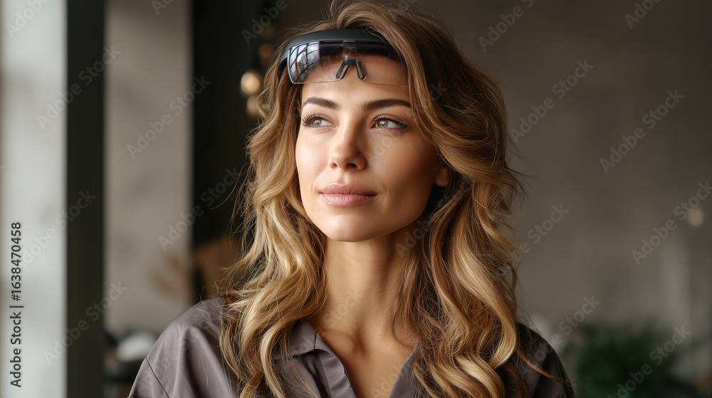 Fototapeta premium Woman Wearing AR Glasses Looking into Distance with Soft Lighting