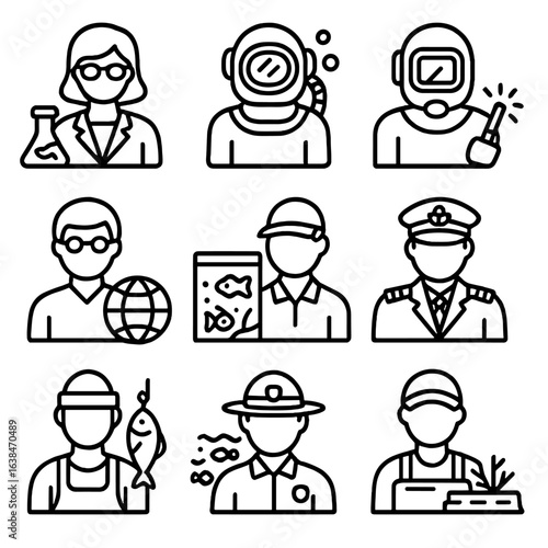 Marine Job Icons. Outline style icons of Marine Jobs and Roles: marine biologist, deep-sea diver, underwater welder, oceanographer