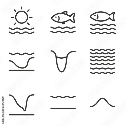 Ocean Zones Icons. Outline style icons of Ocean Layers: sunlight zone, twilight zone, midnight zone, abyssal plain, hadal trench,