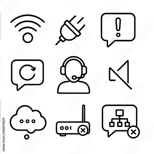 Connectivity Troubleshooting Icons. Outline style icons of Connectivity Troubleshooting: broken signal icon, disconnected plug,