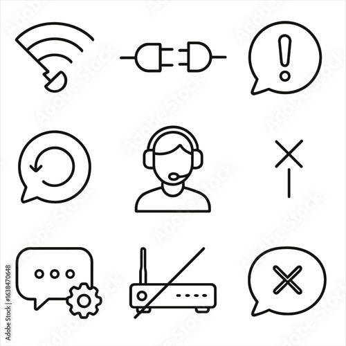 Connectivity Troubleshooting Icons. Outline style icons of Connectivity Troubleshooting: broken signal icon, disconnected plug,