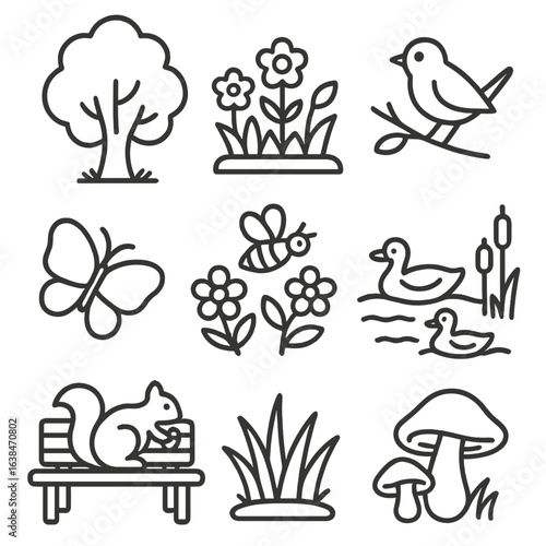 Park Nature Icons. Outline style icons of Nature in Parks: large tree, flower bed, bird on branch, butterfly, bee near flowers,