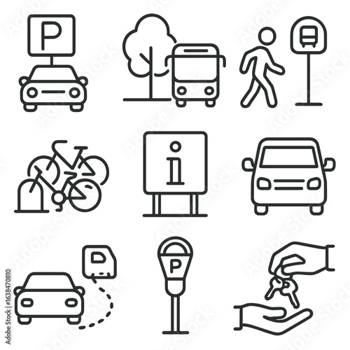 Park and Ride Icons. Outline style icons of Park and Ride Stops: car parking zone, park and bus icon, commuter walking to stop,