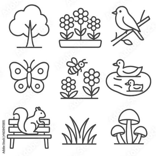 Park Nature Icons. Outline style icons of Nature in Parks: large tree, flower bed, bird on branch, butterfly, bee near flowers,