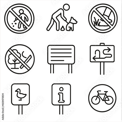 Park Sign Icons. Outline style icons of Park and Community Signs: no littering sign, dog poop cleanup sign, keep off grass sign,